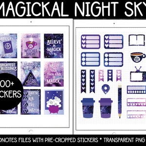 Può includere: Adesivi digitali a tema cielo notturno, con frasi come "Believe in Magick" e "Brightest Blessings". Include adesivi di tazze di caffè, liste e una matita. Il testo "MAGICKAL NIGHT SKY" è in alto.