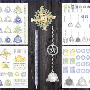 May include: A set of stickers featuring Celtic knot designs, zodiac symbols, and the name "Brigid" in a stylised font. The stickers are on a white background with a grid pattern. There are also a silver pen, a silver chain with a pentagram charm, and a silver charm with a moon and a Celtic knot design.