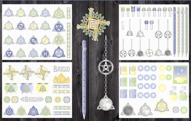 May include: A set of stickers featuring Celtic knot designs, zodiac symbols, and the name "Brigid" in a stylised font. The stickers are on a white background with a grid pattern. There are also a silver pen, a silver chain with a pentagram charm, and a silver charm with a moon and a Celtic knot design.