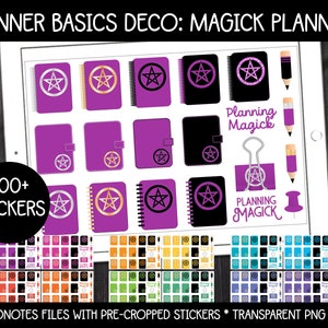 Può includere: Un set di adesivi per planner digitali con oltre 200 adesivi con uno schema di colori viola e nero con disegni di pentagrammi. Gli adesivi sono etichettati "Planning Magick" e "Planning Magick".