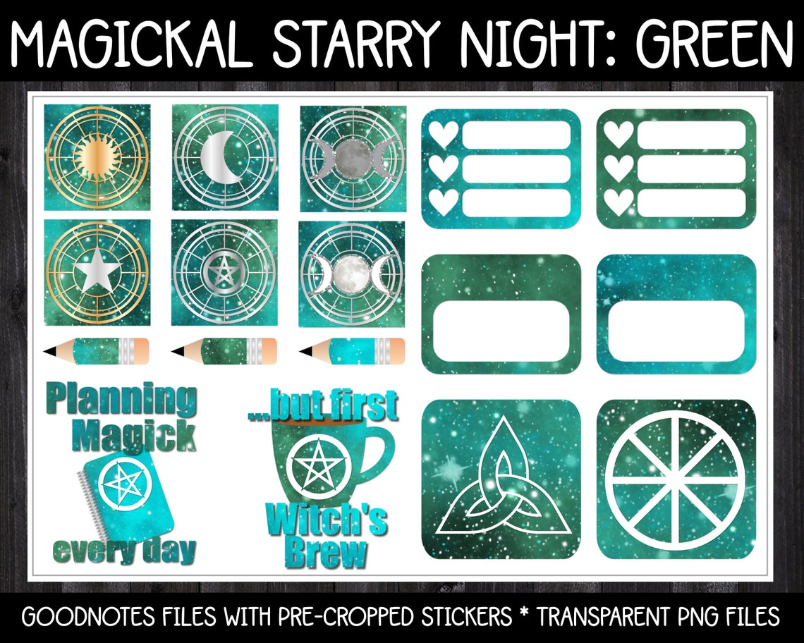 digital-pagan-planner-stickers-magickal-starry-night-green-etsy