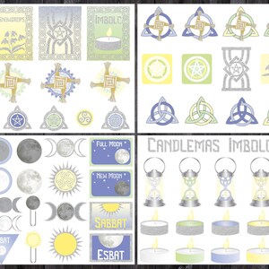 May include: A digital printable sheet with various illustrations related to the Celtic Wheel of the Year, including symbols, moons, candles, and text. The text includes "Brigid", "Snowdrops", "Imbolc", "Full Moon", "New Moon", "Sabbat", "Esbat", "Candlemas", and "Imbolc".