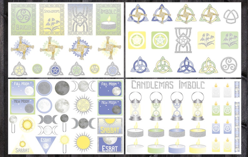 May include: A digital printable sheet with various illustrations related to the Celtic Wheel of the Year, including symbols, moons, candles, and text. The text includes "Brigid", "Snowdrops", "Imbolc", "Full Moon", "New Moon", "Sabbat", "Esbat", "Candlemas", and "Imbolc".