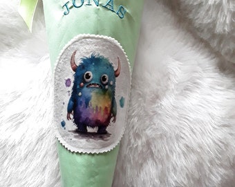 Schultüte Monster,Zuckertüte,Schultüte Junge,Schultüte Mädchen,Einschulung,Petrol pastellgrün, Transferdruck,Geschenk, Kindergartentüte