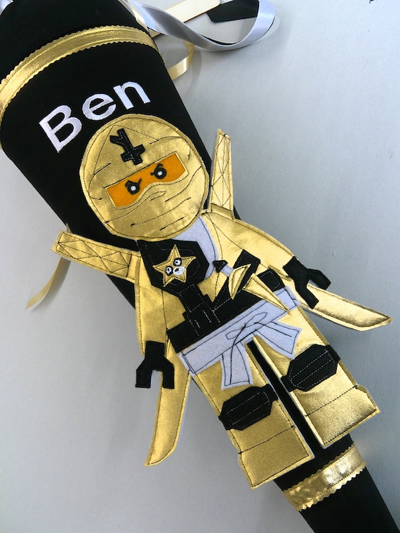 Schultüte Ninja Gold, Zuckertüte goldener Ninja, Schultüte uni schwarz goldener Ninja, Einschulung, Schultüte Junge Ninja, Tüte mit Namen