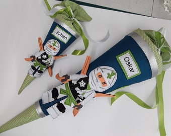 Cône d'école Ninja blanc, cône d'école Boy Ninja, cornet de sucre, inscription scolaire, cône d'école vert pétrole, coussin décoratif, Ninja blanc