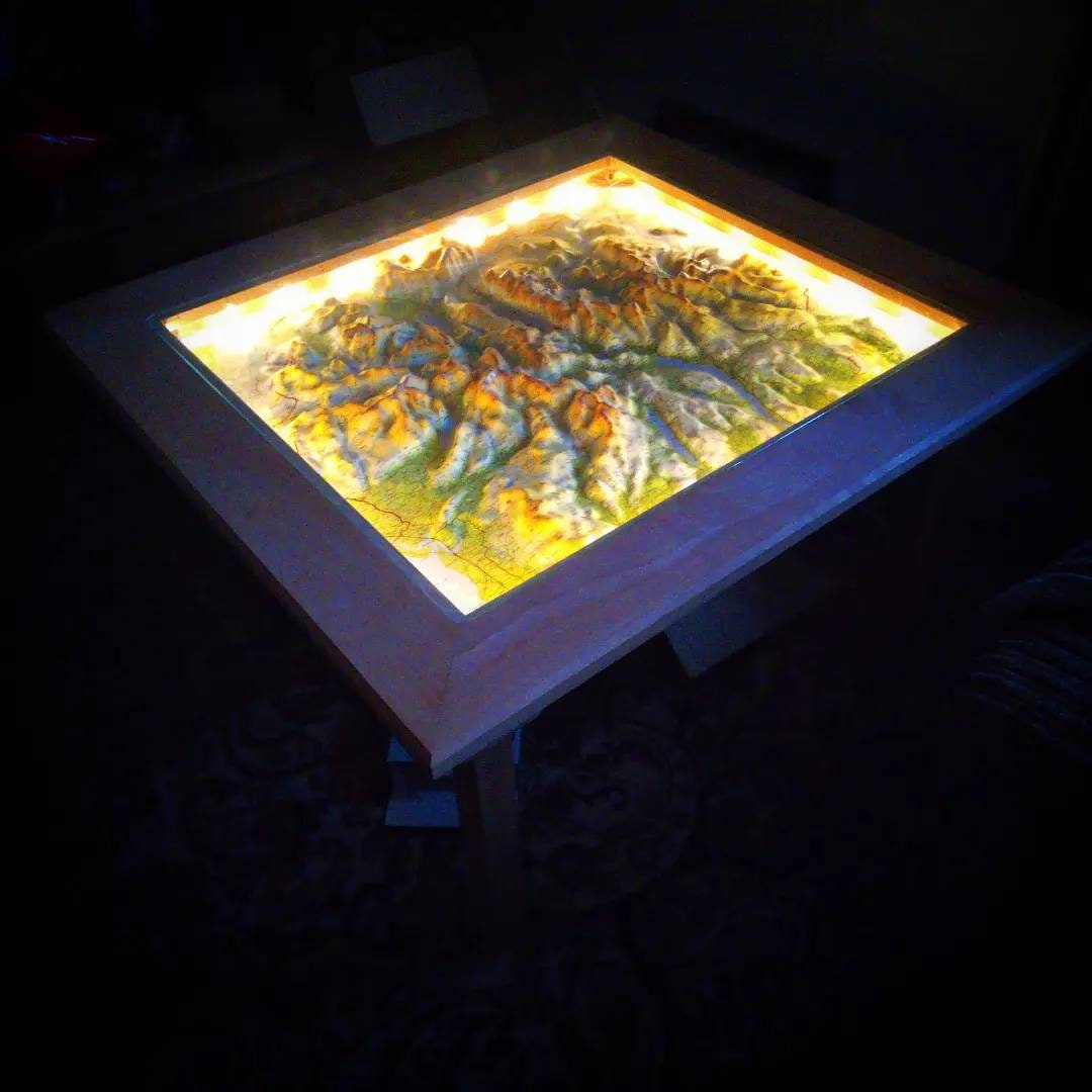 Glass Map Work Table Solid Wood Coffee Table With a 3D Map Inset Under Glass and Backlit ...