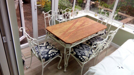 Upcycled Handmade Six Seater Dining Room Table And Chairs Solid Oak Top With Cherry Inlay
