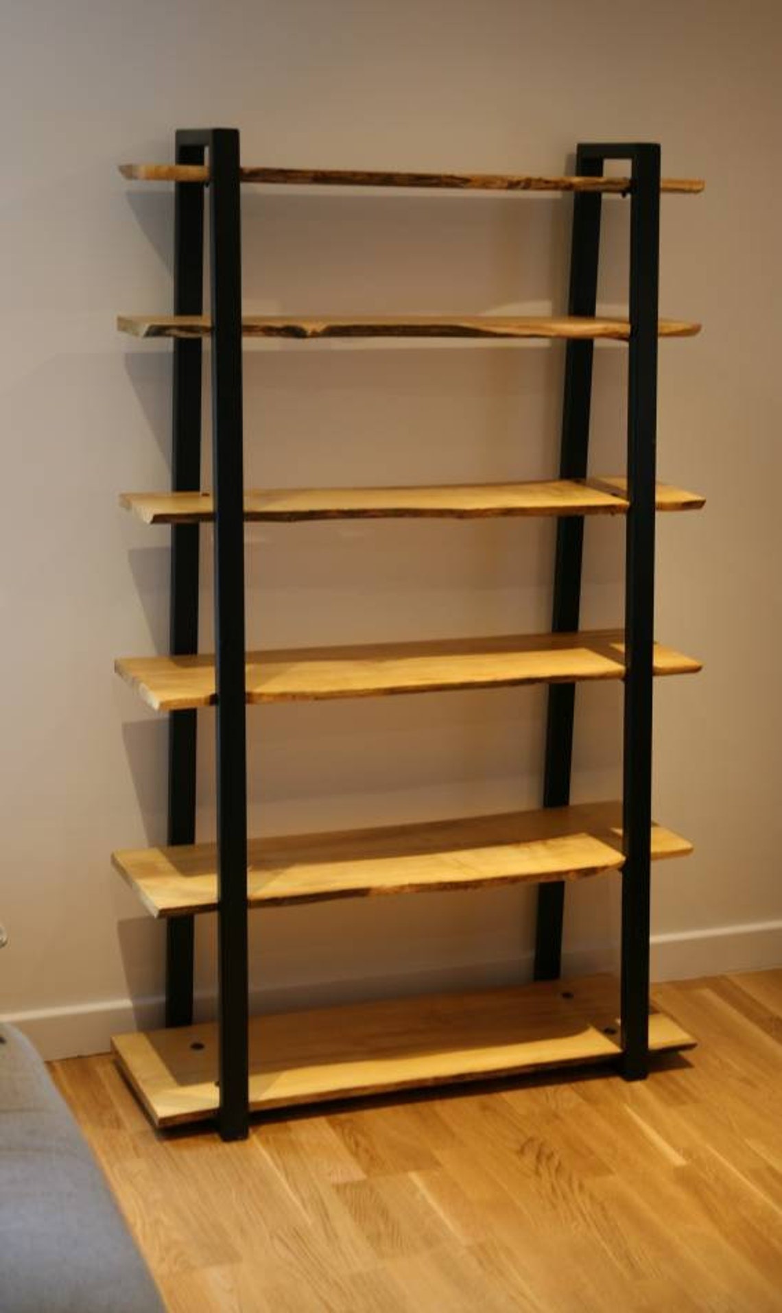 Bespoke Solid Live Edge Bookcase With Industrial Style Metal Frame Work