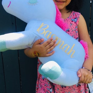 unicorn plus, Personalize name toy pillow, flower girl gift, glitter unicorn, baby gift, girls birthday gift, grandkids gift, stuffed animal