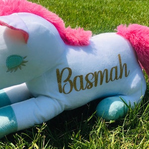 Personalize unicorn plus toy, unicorn pillow, flower girl gift,glitter unicorn, baby gift, girls birthday gift,grandkids gift,stuffed animal