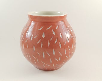 Carved pink porcelain ceramic pot | Spherical planter | Carved pottery with drainage hole