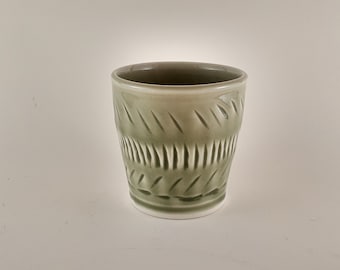 Green carved porcelain ceramic pot | Short celadon succulent planter | Carved pottery