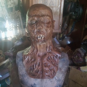 May include: A detailed, realistic zombie mask with a brown, fleshy texture. The mask features a wide-open mouth with visible teeth and a realistic eye with a cloudy, white sclera.
