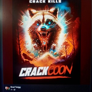 Puede incluir: Un póster de película con un mapache rojo, blanco y azul con ojos brillantes. El mapache está en un entorno de bosque con un cielo rojo y naranja. El texto en el póster dice "Crack Kills" y "Crackcoon".