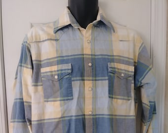 Vintage Wrangler Western Shirt: Blue Yellow Plaid, Pearl Snap/ X-Long Tails / Size 15 1/2" x 34"