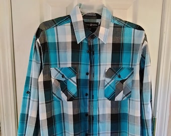 Polo Men Shirt Blue Black Plaid // Men Size M // Long Sleeves