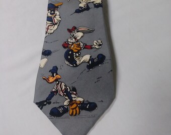 1993 Warner Bros Baseball Necktie  Bugs Bunny, Taz, Sylvester, Tweety, Yosemite Sam / Silk Necktie