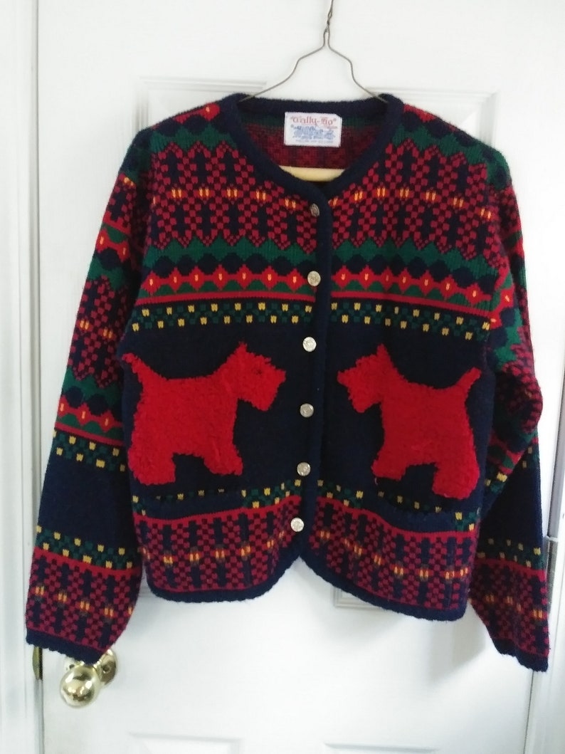 Vintage Women Scottie Dogs Cardigan Sweater Tally Ho Red Green Etsy