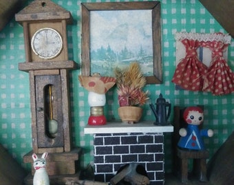 Vintage Handmade Wood Shadow Box Diorama – Miniature Dollhouse Room