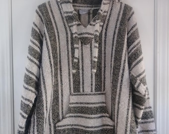 Suéter poncho hippie surf mexicano com capuz ~ Fabricado no México ~ Tamanho G ~ Marrom/Bege/Preto