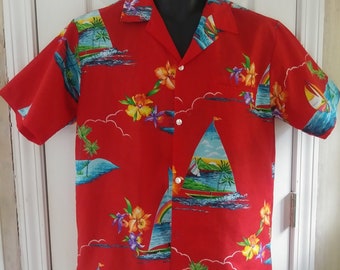 Men's Vintage Hawaiian Red Shirt Button Down Shirts Size M // Made in Hawaii // Shoreline Hawaii