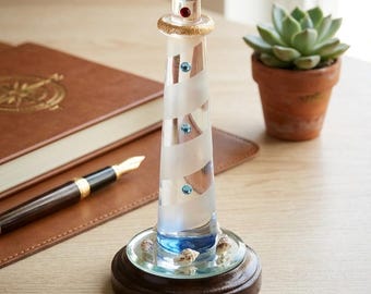 Glass Lighthouse - Beacon of Light on a Wood Base 5 1/4" Tall