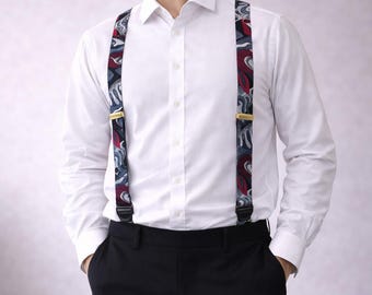 Vintage Silk Foulard Suspenders for Buttons | Abstract Pattern | Formal Suit Accessories