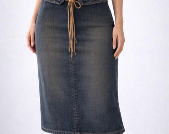 Vintage Stonewashed Denim Skirt, Leather String Detail, Size Small