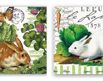 40 napkins with white and brown rabbit in garden green motif