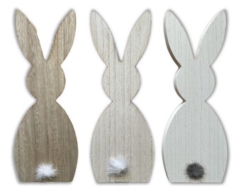 3 St. Holzfiguren Hase - Kaninchen, mit Puschel, 3 verschiedene Ausführungen