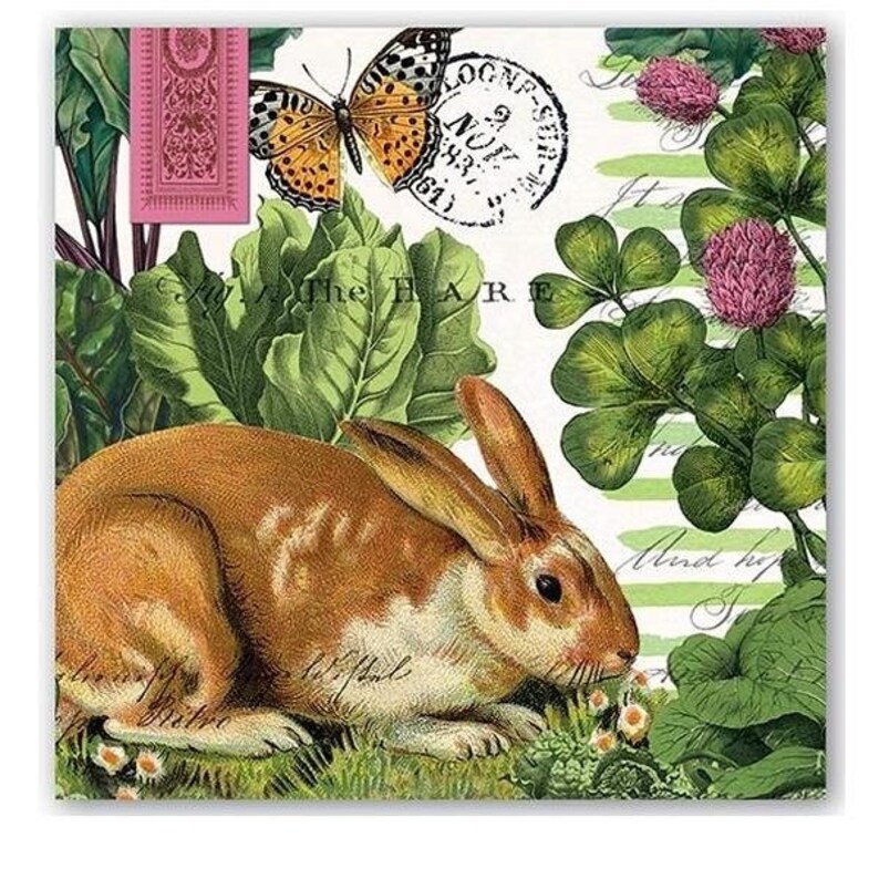 40 napkins with white and brown rabbit in garden green motif image 2