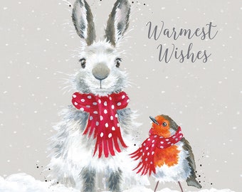 8 Christmas greeting cards "Rabbit in the snow with bird" motif with envelopes