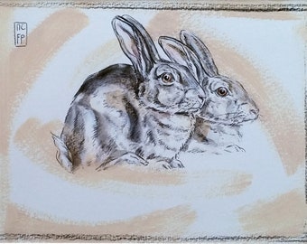 Art print pair of wild rabbits with passepartout