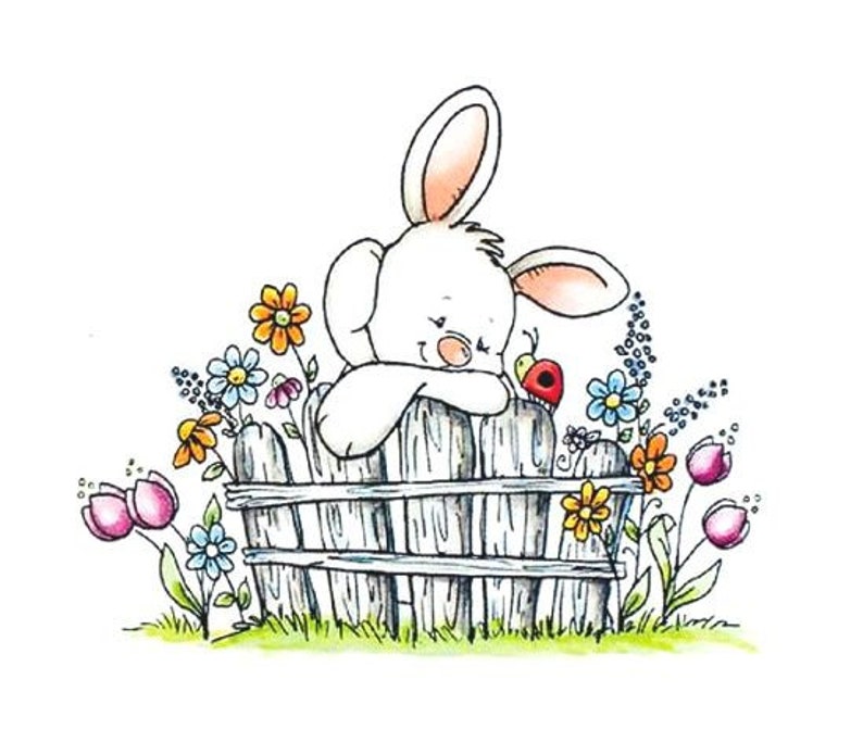 Stempelplatte Kaninchen am Zaun mit Marienkäfer Bild 1