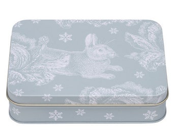 Small rectangular tin can in grey/white with a rabbit and cabbage motif - store treats