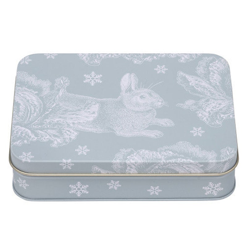 Small rectangular tin can in grey/white with a rabbit and cabbage motif store treats image 1