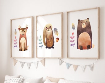 Kunstdruck Set Poster Bilder Kinderzimmer Kinderbild Wald Bär Hirsch Eichhörnchen