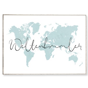 WELTENBUMMLER Kunstdruck Poster Bild Typografie Weltkarte Spruch Reisen vintage Schreibschrift