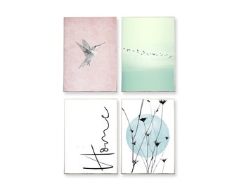 4er Bilder Poster Set: HOME -ungerahmt- Kolibri, Blumen, Natur, Vögel, Typografie, vintage, Schreibschrift, elegant, skandinavisch