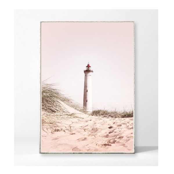 Kunstdruck Poster Bild LEUCHTTURM Sand Schilf Küste Strand Meer Pflanze Natur maritim vintage Wasser Landschaft