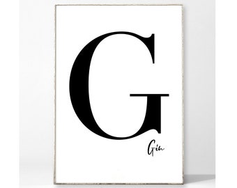 G: GIN Kunstdruck Poster Bild Din A4 Typografie Buchstabe G Blockschrift Getränk Bar