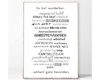 WUNDERBAR Din A4 Kunstdruck Poster Bild Typografie Spruch Kompliment Geschenk Partner Freundschaft beste Freundin