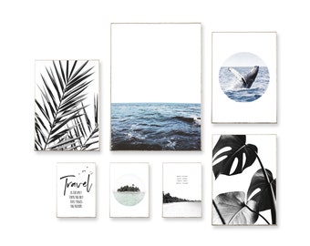 Set of 7 pictures poster art print format 30x40, A4, 13x18 maritime tropical palm tree palm leaf monstera sea ocean whale