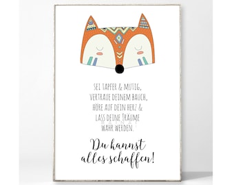 TAPFER & MUTIG Kunstdruck Poster Bild Typografie Fuchs Spruch Schrift Zuversicht Motivation Kinderzimmer Kind