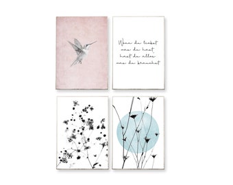 4 x DIN A4 picture set: BLOOM -unframed- nature typography cursive flower hummingbird Scandinavian