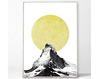 RISE Kunstdruck Poster Bild skandinavisch nordisch Berge Landschaft abstrakt geometrisch Sonne vintage