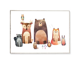 WALDFREUNDE Kunstdruck Poster Bild Tiere Waldtiere Kinderzimmer skandinavisch Bär Hase Igel Hirsch Fuchs Waschbär Eichhörnchen Eule