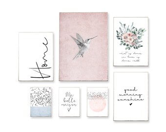 Set of 7 pictures poster art print format 30x40, A4, 13x18 vintage Scandinavian boho nature hummingbird typography saying cursive