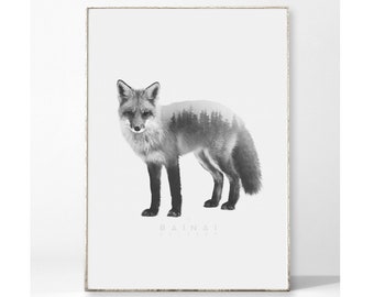 FOX & FOREST Black White Kunstdruck Poster Bild Fuchs Tier Wald Natur Waldtier nordisch skandinavisch